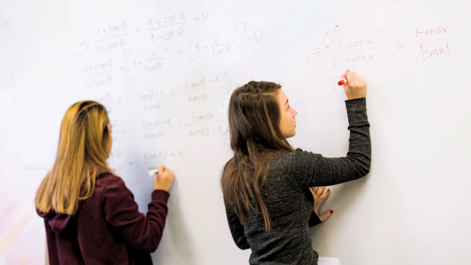 Girls at math whiteboard in class
