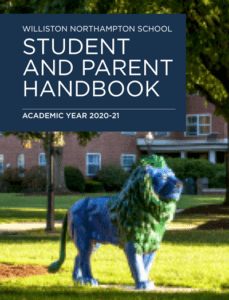 cover of student handbook with painted lion statue on grass