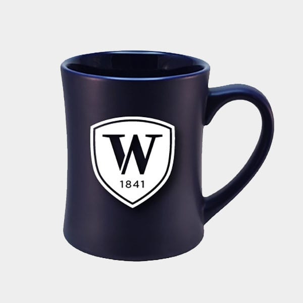blue coffee mug with white Williston logo