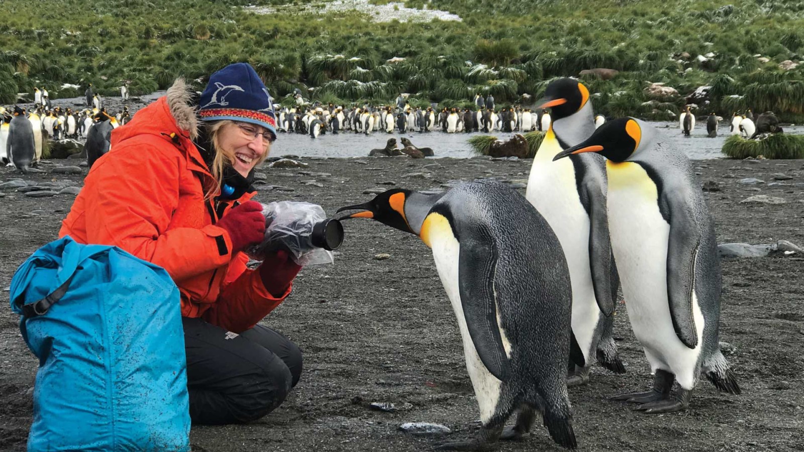 woman in hat and coat with penguin pecking at camera
