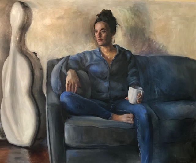 Painting of person on couch with cello case