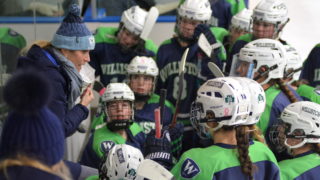 girls hockey players, coach huddle together during game