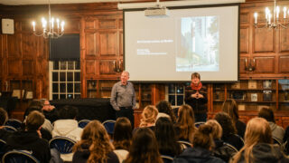 Art Conservator Michael Duffy talks to Williston students in Dodge Room