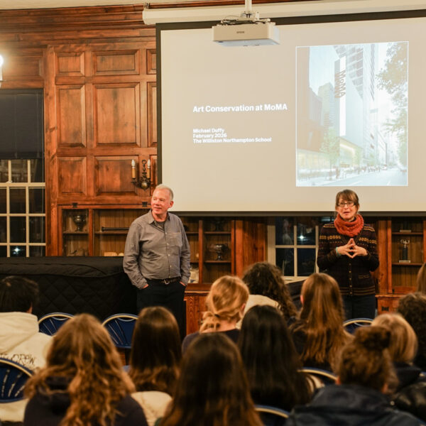 Art Conservator Michael Duffy talks to Williston students in Dodge Room