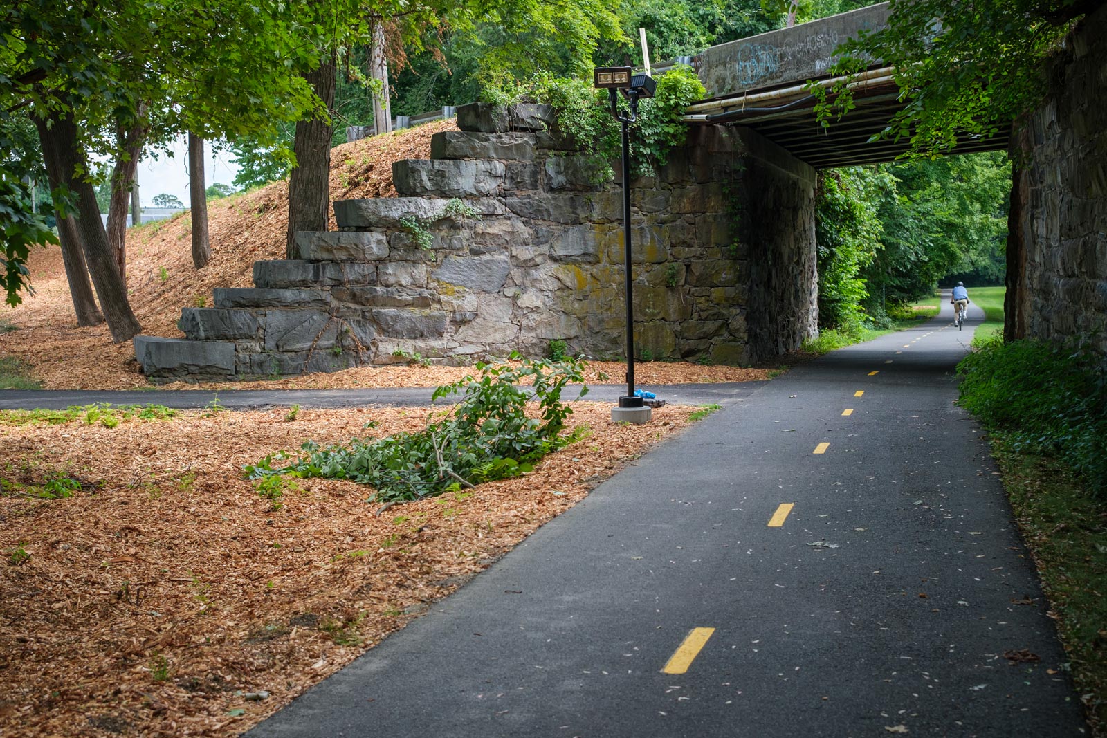A cyclist rides down the bike path in Easthampton