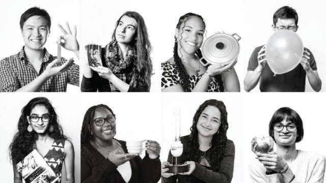 grid of 8 black and white photos of students holding objects
